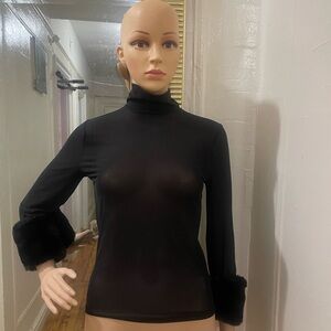 Express Black Sheer Turtleneck with Faux Fur Cuffs